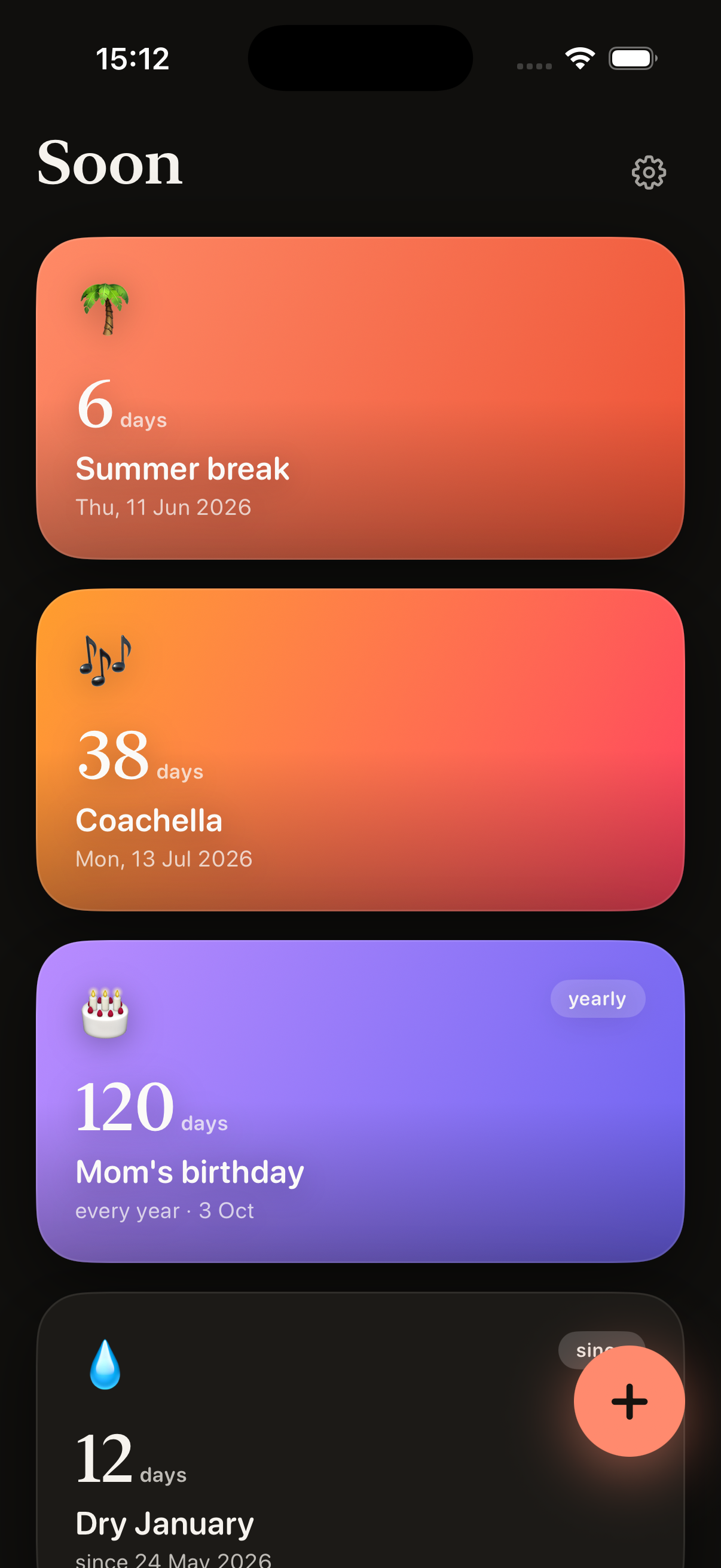 Soon home screen with countdown cards